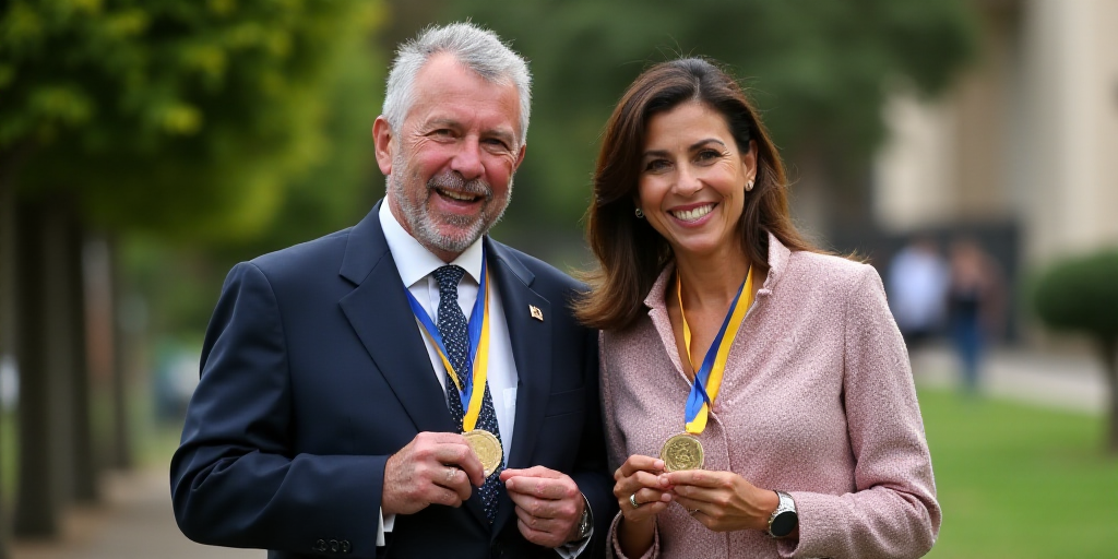 a man and woman standing next to each other holding a medal and a medal in their hands and smiling,
