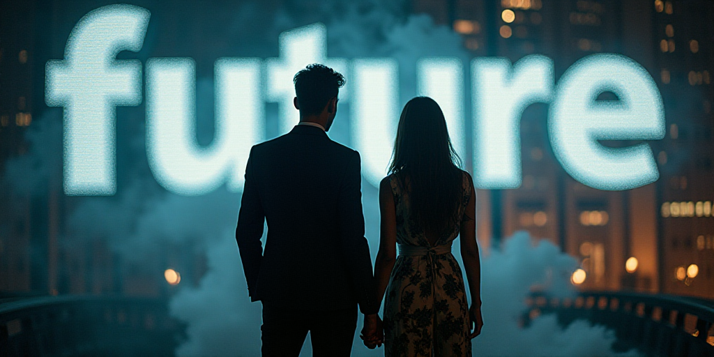 a man and woman standing next to each other in front of a sign that says future com 30 ed educao, El