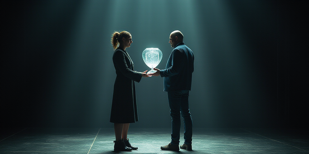 a man and woman standing on a stage with a trophy in their hands and a man holding a glass trophy, A