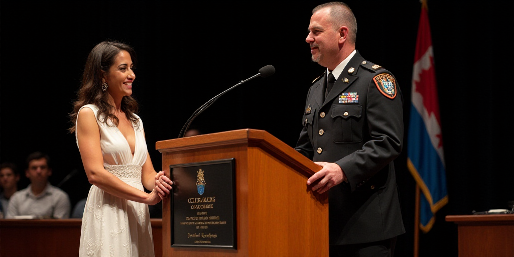 a man and woman standing on stage with a plaque in front of them and a man in uniform standing next