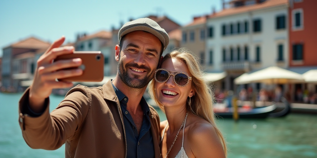 a man and woman taking a selfie with a mask on in venice, italy, on a sunny day, Andrea Orcagna, par