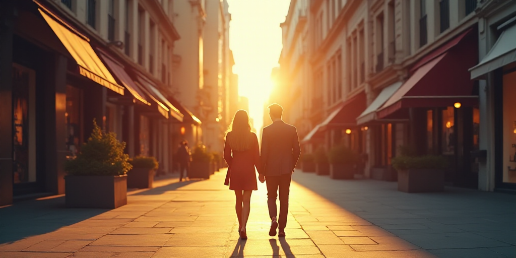 a man and woman walking down a street next to tall buildings and shops on a sunny day with the sun s