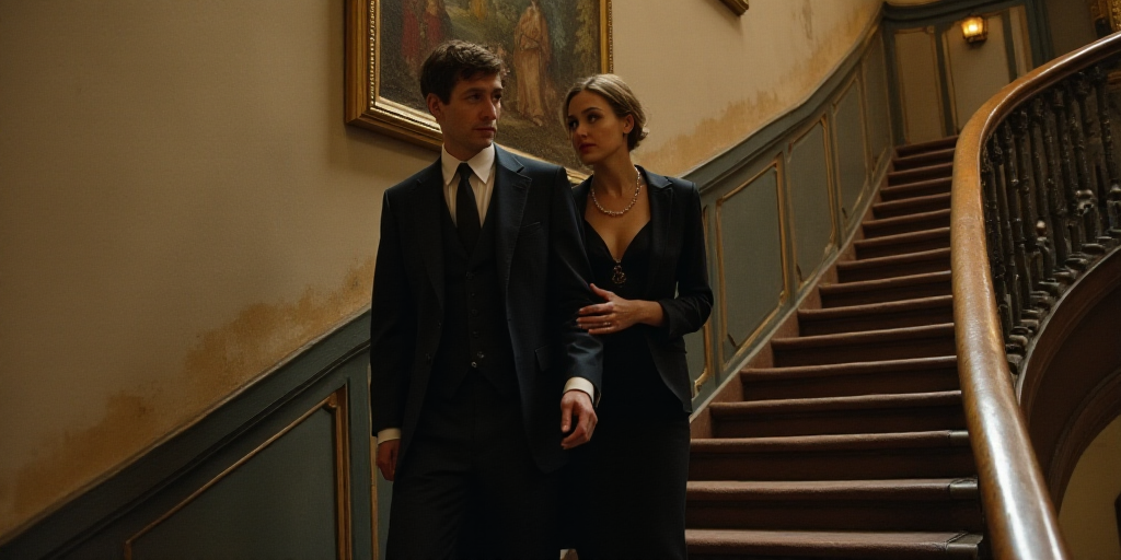 a man and woman walking down a flight of stairs with a man in a suit and tie on his shoulder, Bourge