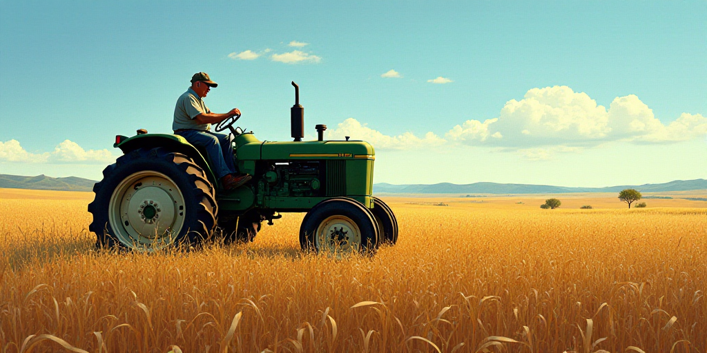 a man driving a tractor through a field of crops on a sunny day with a blue sky in the background, D