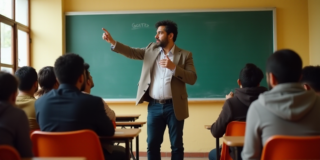 a man giving a lecture to a class of students in a classroom with orange desks and orange chairs, Ca