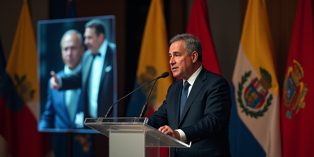 a man giving a speech at a podium with a flag behind him and a flag behind him with a man in a black