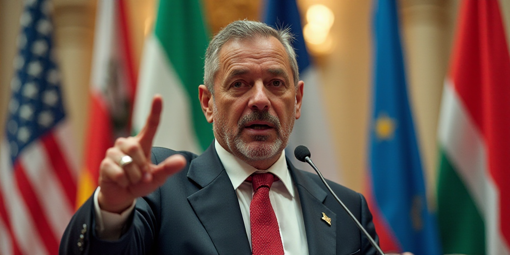 a man giving a speech in front of flags and a microphone with a finger up in the air and a ring on h