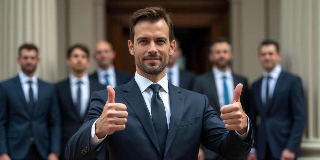 a man giving a thumbs up sign in front of a group of men in suits and ties standing outside a buildi
