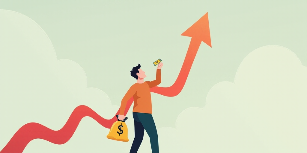 a man holding a bag of money and a red arrow pointing to the sky with a dollar sign on it, Andries S