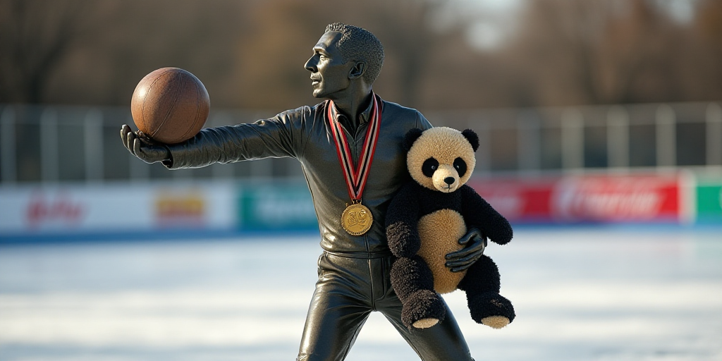a man holding a ball and a stuffed panda bear on a skating rink with a medal around his neck, Fabien