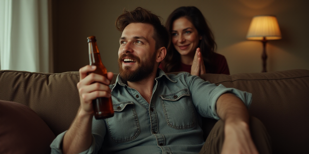 a man holding a beer bottle in his hand while sitting on a couch with a woman clapping behind him, E