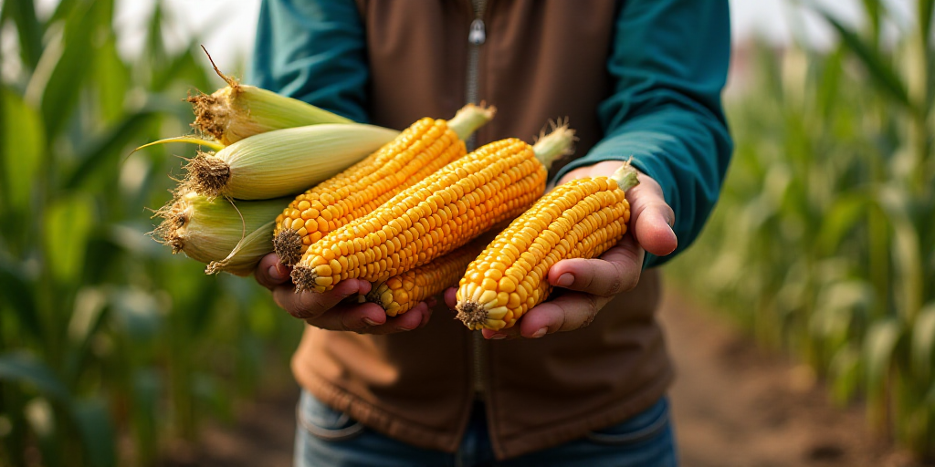 a man holding a bunch of corn in his hands in a garden area with other plants in the background, Alt