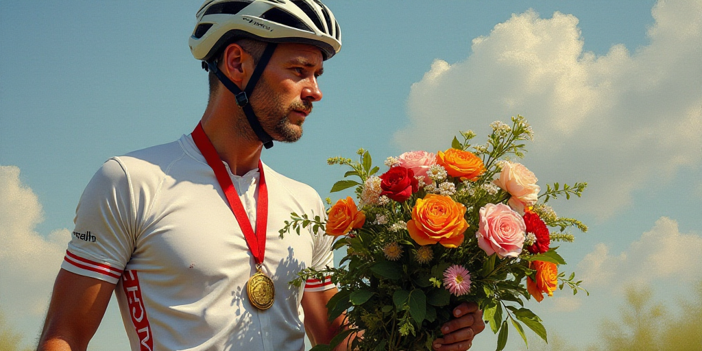 a man holding a bunch of flowers and a bike helmet on his head and a medal in his hand, Eric de Kolb