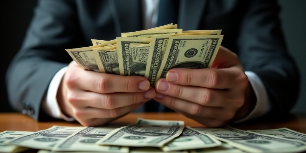 a man holding a bunch of money in his hands on top of a table with other money on it, Bourgeois, 16k