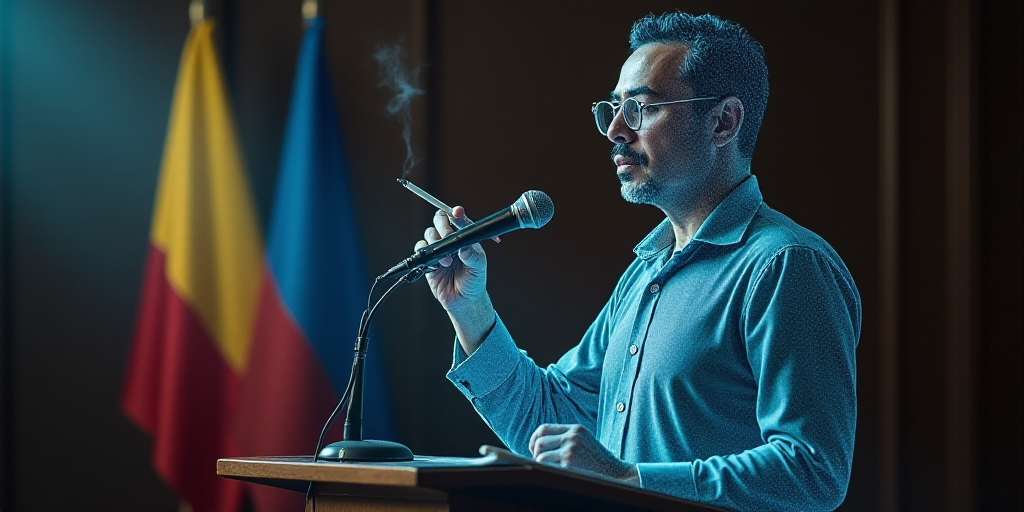 a man holding a cigarette in front of a microphone and a flag behind him with a pen in his hand, Car