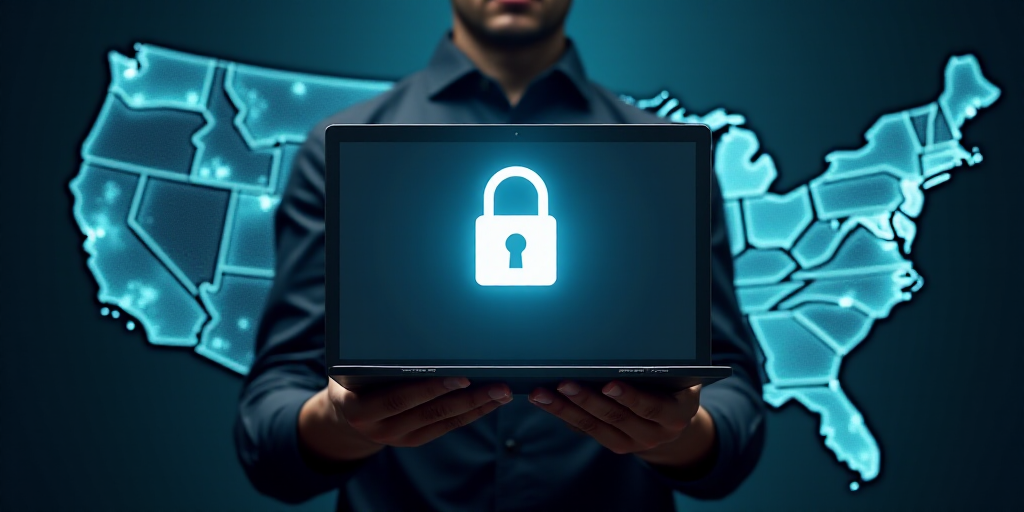 a man holding a laptop with a lock on it and a map of the united states in the background, Andries S