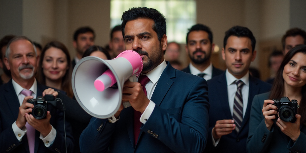a man holding a pink and white megaphone surrounded by people in suits and ties and holding a camera