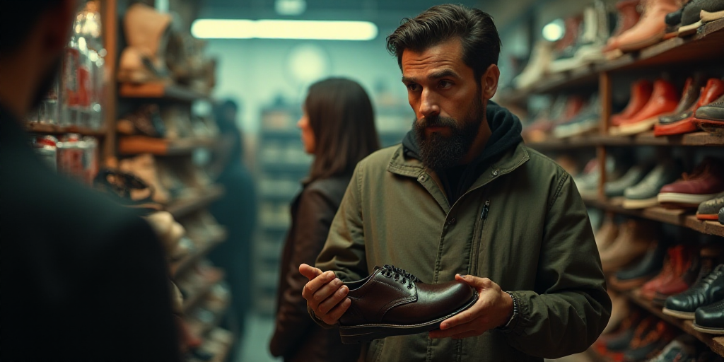 a man holding a shoe in a shoe shop with other people around him and a woman standing behind him, Ca