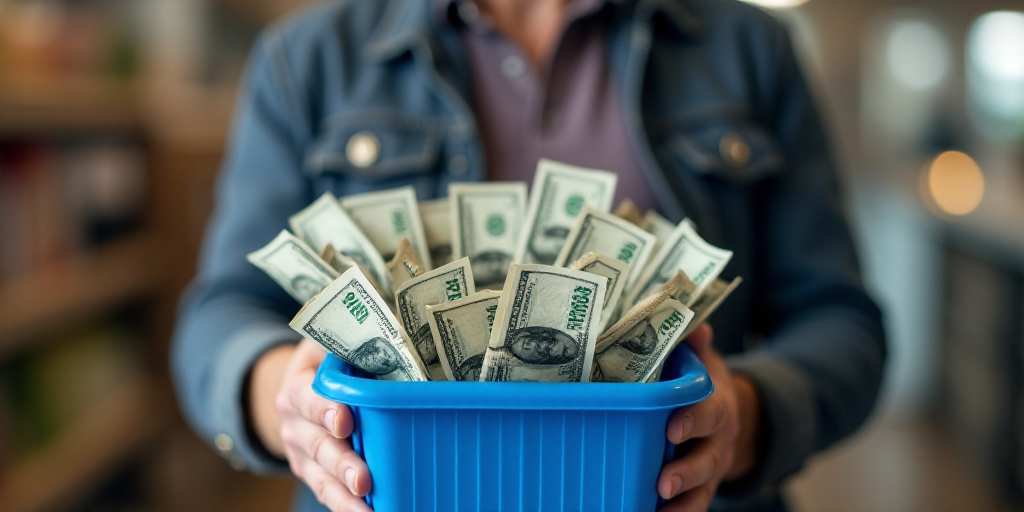 a man holding a shopping basket full of money in it's hands and a blue plastic holder in the front,