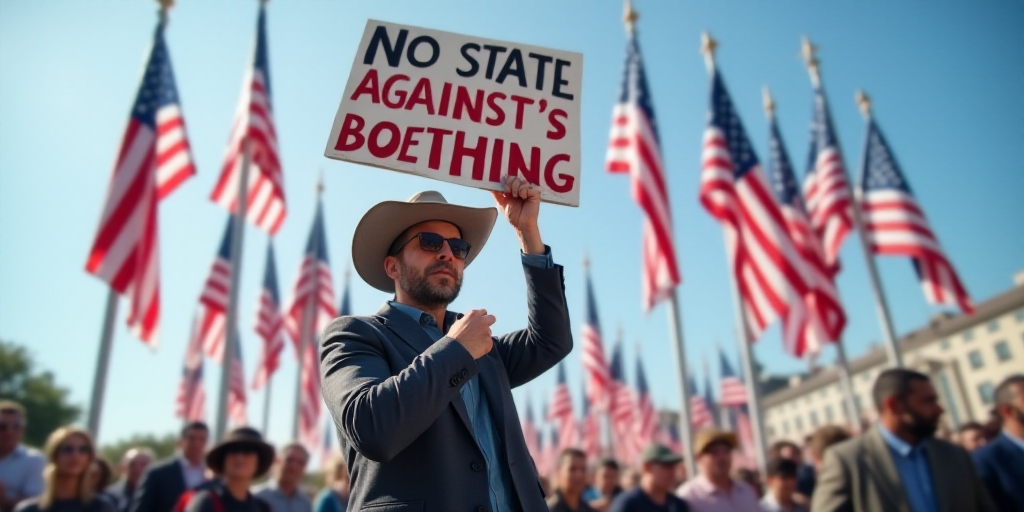 a man holding a sign in front of a flag pole with flags in the background and a sign that says no st