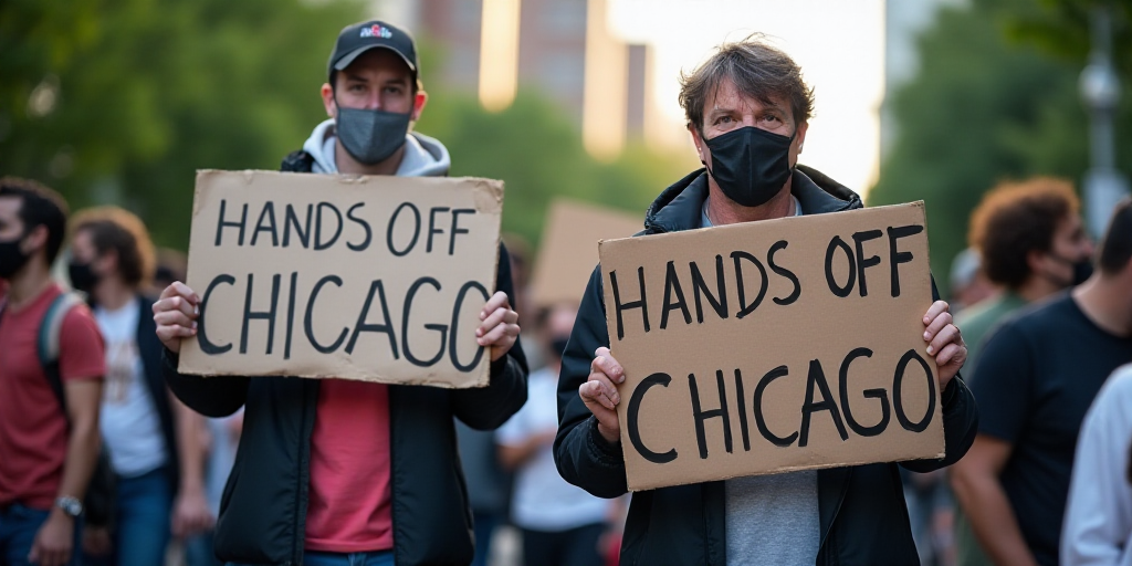 a man holding a sign that says hands off chicago and a man wearing a mask holding a sign that says h