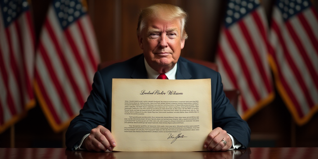 a man holding a signed document in front of a flag and a desk with american flags in the background,