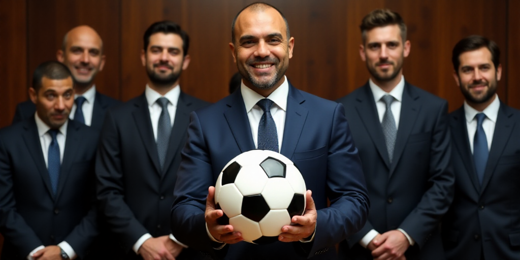 a man holding a soccer ball in front of a desk with other men in suits and ties around him, Ahmed Ya