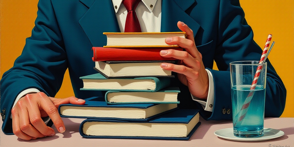 a man holding a stack of books in his hands and a glass of water in front of him on a table, Fernand