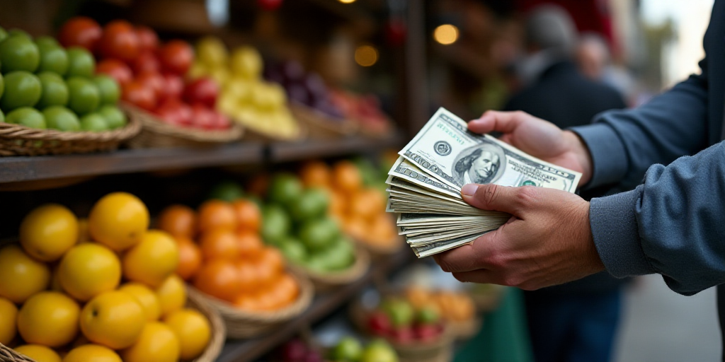 a man holding a stack of money in his hands next to a fruit stand with fruit on display in baskets,