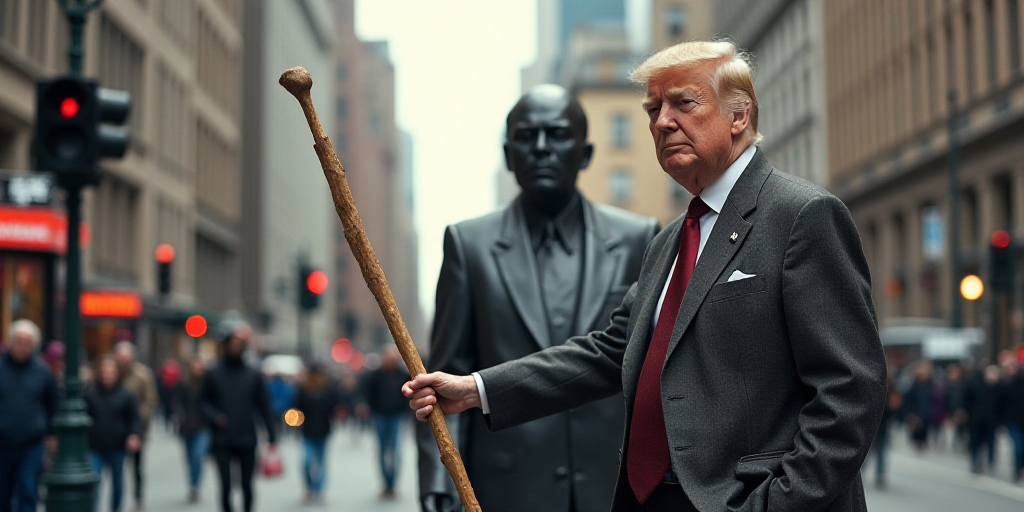 a man holding a stick in front of a statue of donald the trump on a city street with people walking