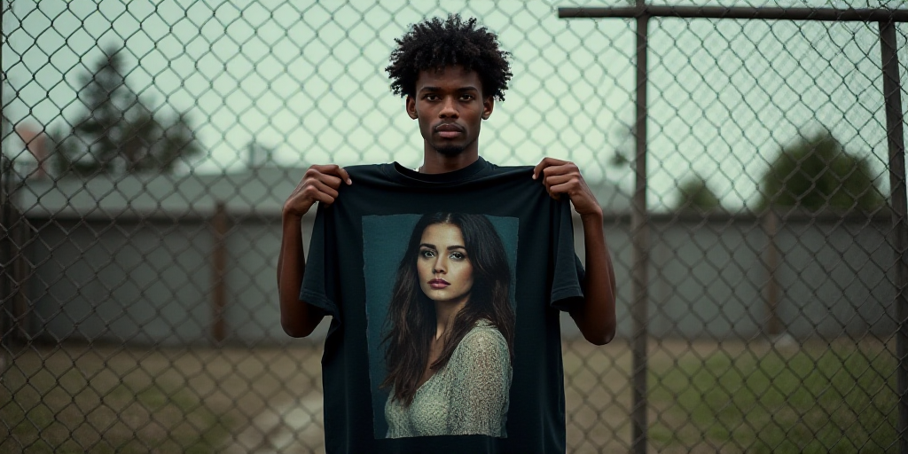 a man holding a t - shirt with a picture of a woman on it in front of a fence, Briana Mora, horror,