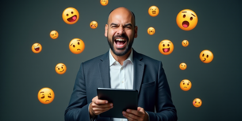 a man holding a tablet with a lot of emoticions surrounding him and a lot of emoticions surrounding