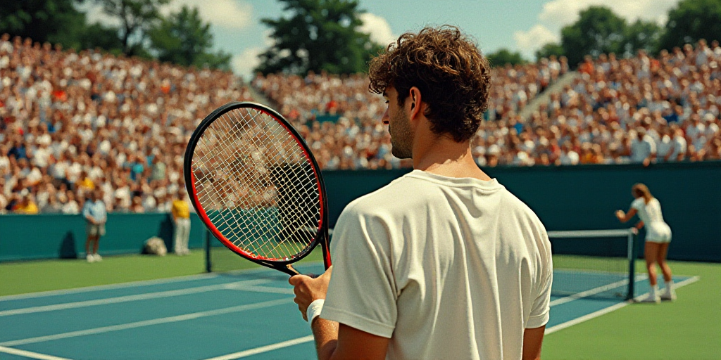 a man holding a tennis racquet on a tennis court with people watching from the stands behind him, Al