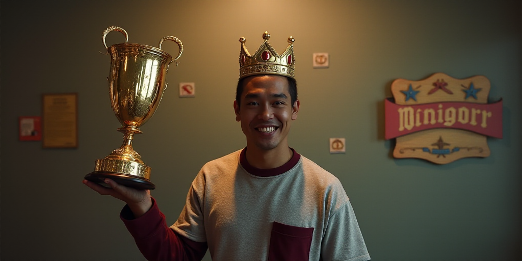 a man holding a trophy in front of a wall with a crown on it's head and a banner, Eddie Mendoza, vfx