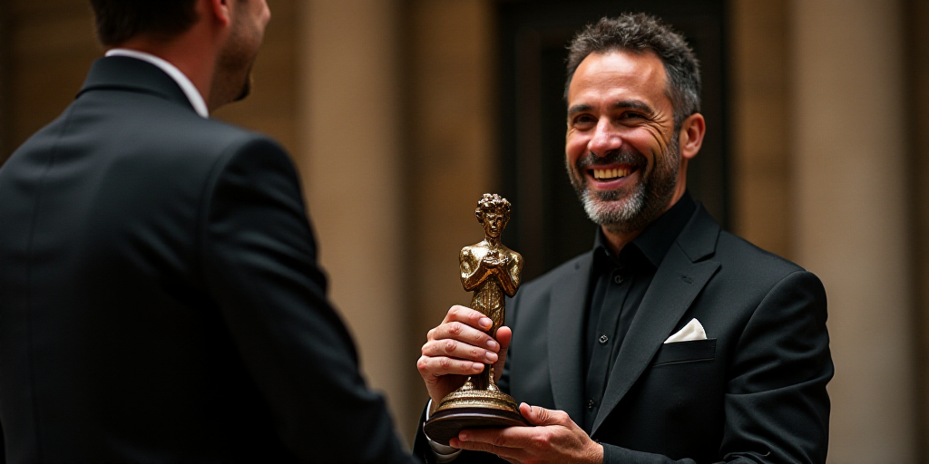 a man holding a trophy in his hands with a smile on his face and a black suit on his left, Bernard A