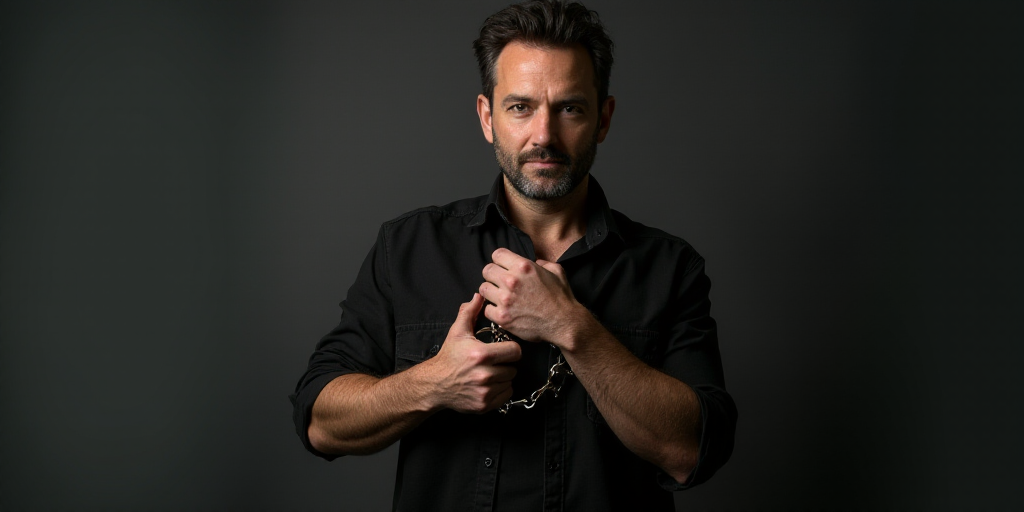 a man holding his hands in handcuffs with both hands on his chest and the other hand on his chest, D