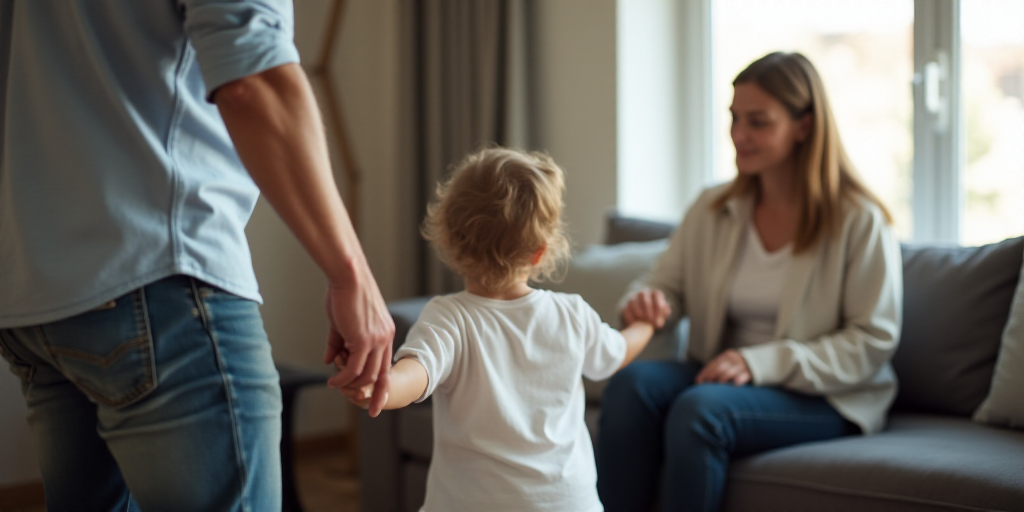 a man holding the hand of a child on a couch in a living room with a woman sitting on the couch, And
