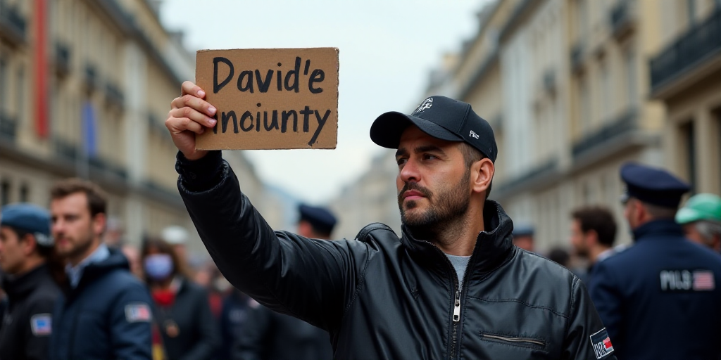 a man holding up a sign in front of a crowd of people on a street corner with a police officer in th
