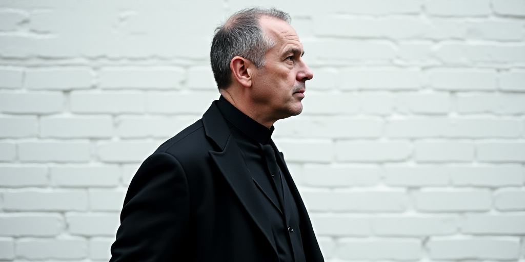 a man in a black jacket and a white brick wall with a black tie on his neck and a black jacket on hi