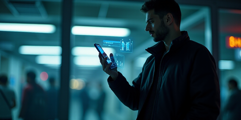 a man in a black jacket holding a cell phone in his right hand and a sign in the background, Andrew