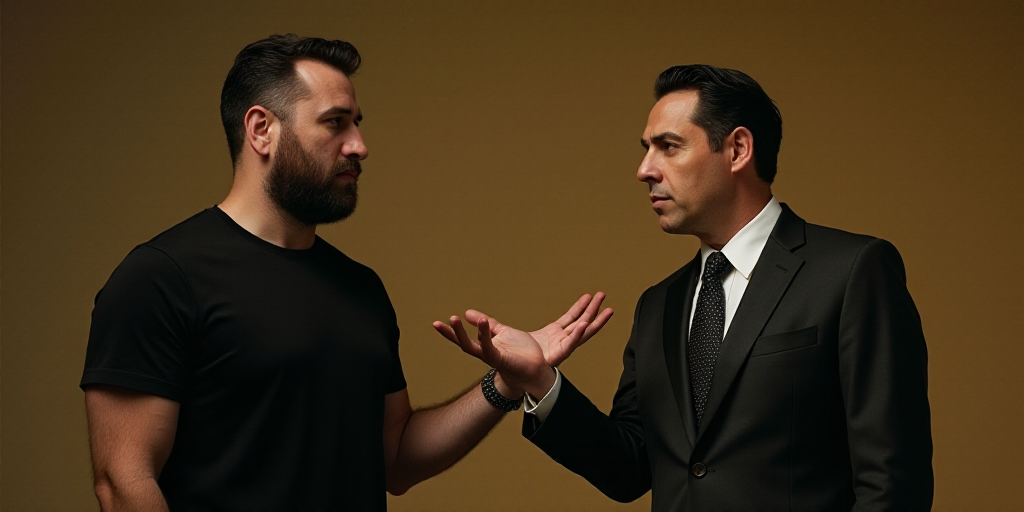 a man in a black shirt and a man in a suit and tie are standing together and one is holding his hand
