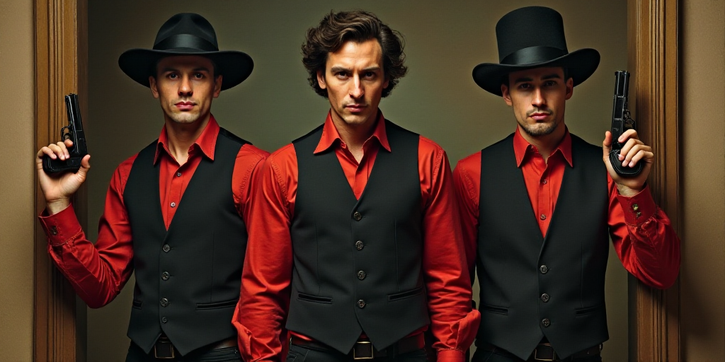 a man in a black vest and a man in a red shirt and a man in a black vest and a man in a black hat an