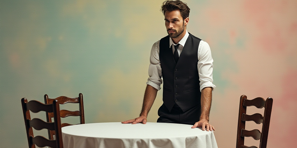 a man in a black vest and tie standing over a table with chairs and a white table with a white table