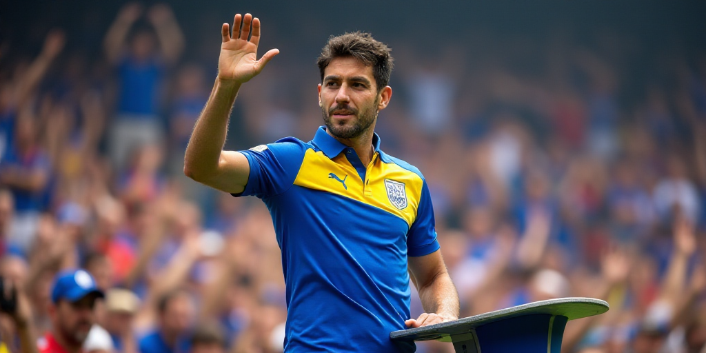 a man in a blue and yellow uniform waves to the crowd while standing on a podium with his fist up, A