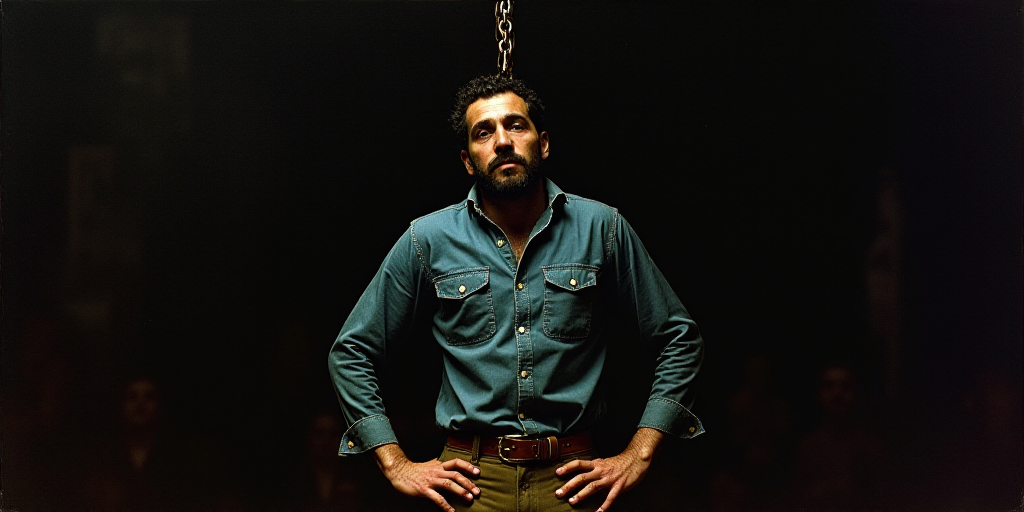 a man in a blue shirt is suspended from a chain in the dark with his hands on his hips, David Alfaro