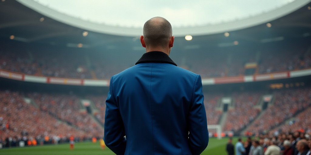 a man in a blue suit and a black jacket is standing in front of a crowd of people and a stadium, Bol