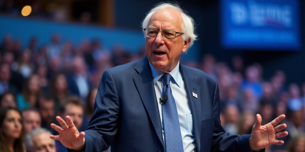 a man in a blue suit and tie giving a speech at a conference hall with a banner behind him, Bernie D