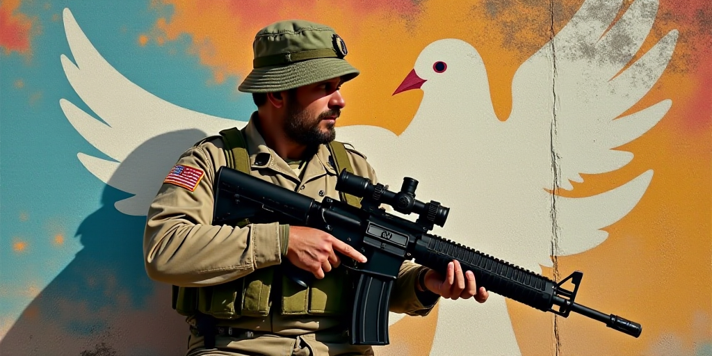 a man in a camouflage uniform holding a rifle in front of a wall with a mural of a dove, Americo Mak