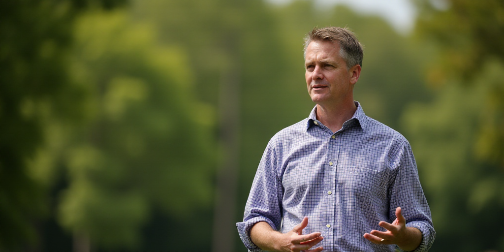 a man in a checkered shirt is giving a speech with his hands and a blurry background of trees, David