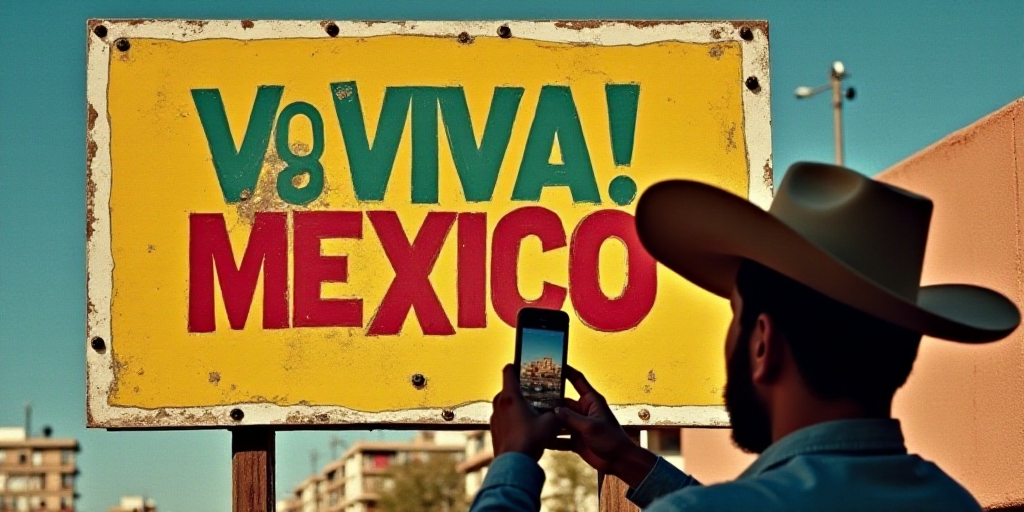 a man in a cowboy hat taking a picture of a sign with a cell phone in his hand that says viva mexico